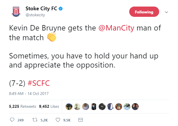 "Kevin De Bruyne je postal igralec tekme. Včasih moraš preprosto dvigniti roke in ceniti nasprotnika." Vir: Stoke City Twitter